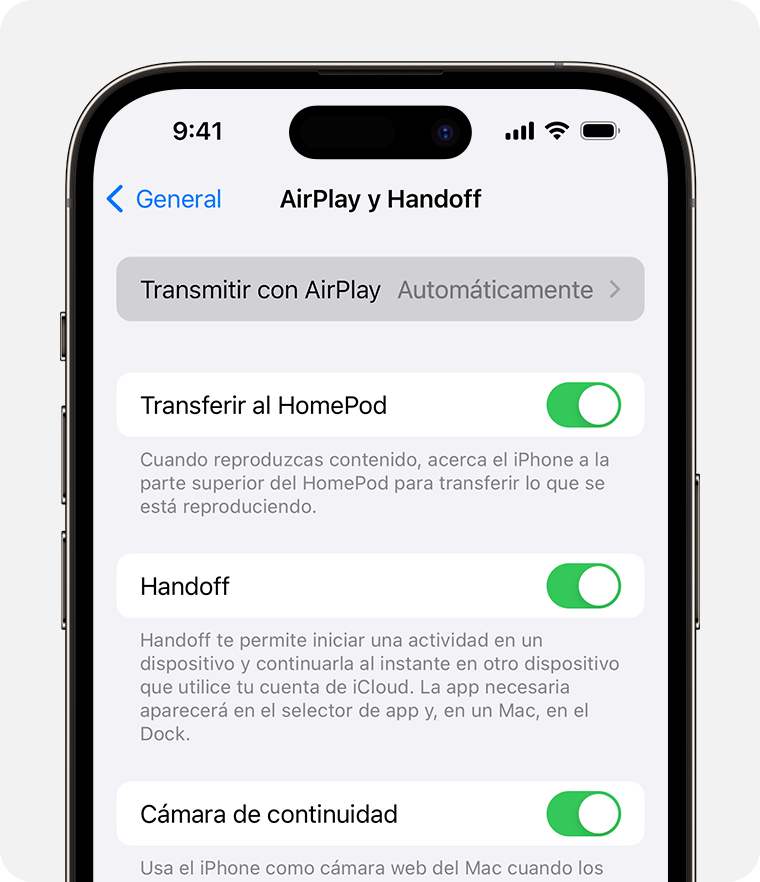 La opción Automático seleccionada para Transmitir con AirPlay en la pantalla de AirPlay y Handoff