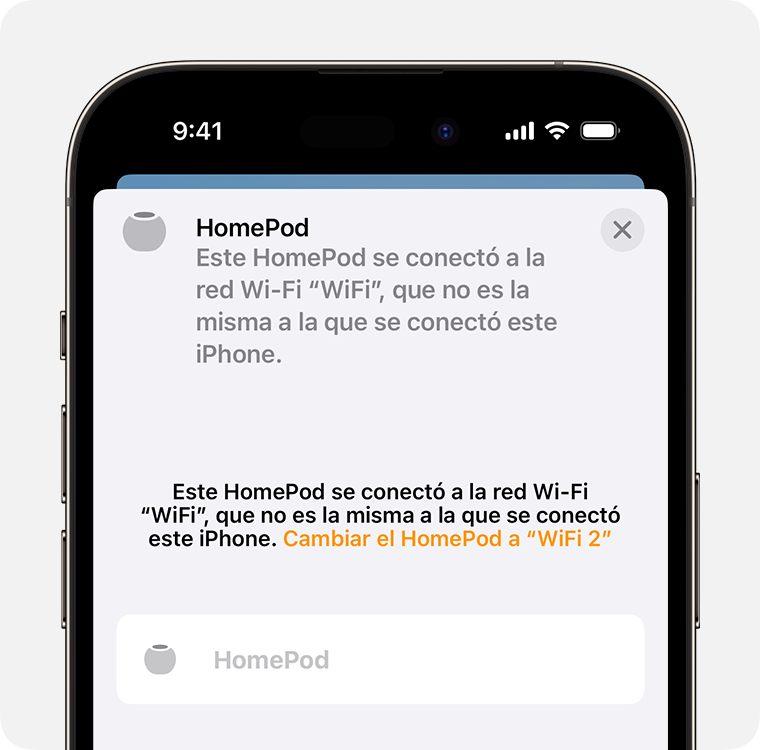 La opción de mover HomePod a otra red Wi-Fi aparece cerca de la parte superior de la pantalla de configuración de HomePod