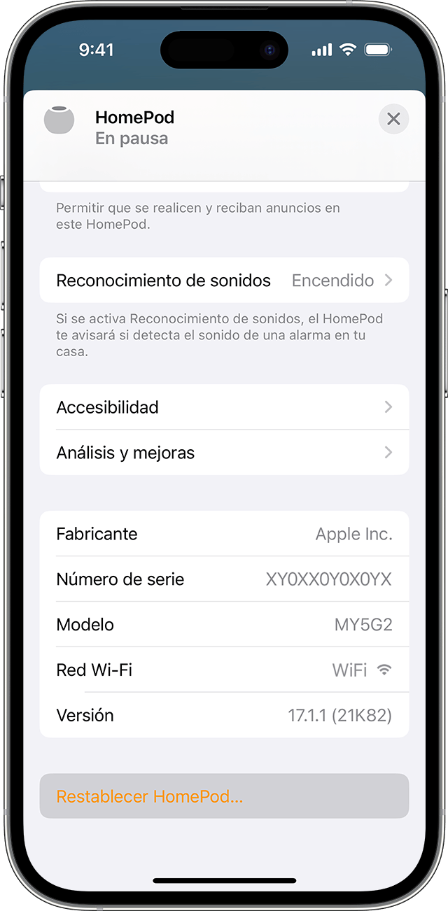 Restablecer HomePod se muestra en la parte inferior de la pantalla de configuración del HomePod