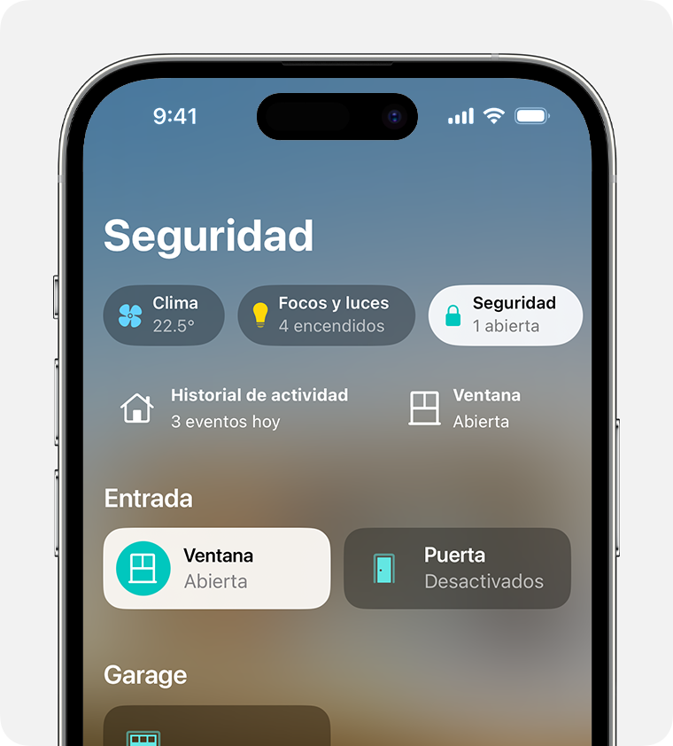 La categoría Seguridad aparece en la parte superior de la pantalla de inicio de la app Casa.