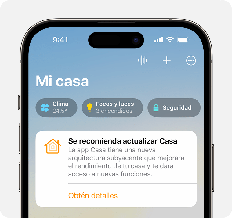 La notificación de Home Upgrade Recommended (Se recomienda actualizar Casa) aparece en la pestaña Casa de la app Casa