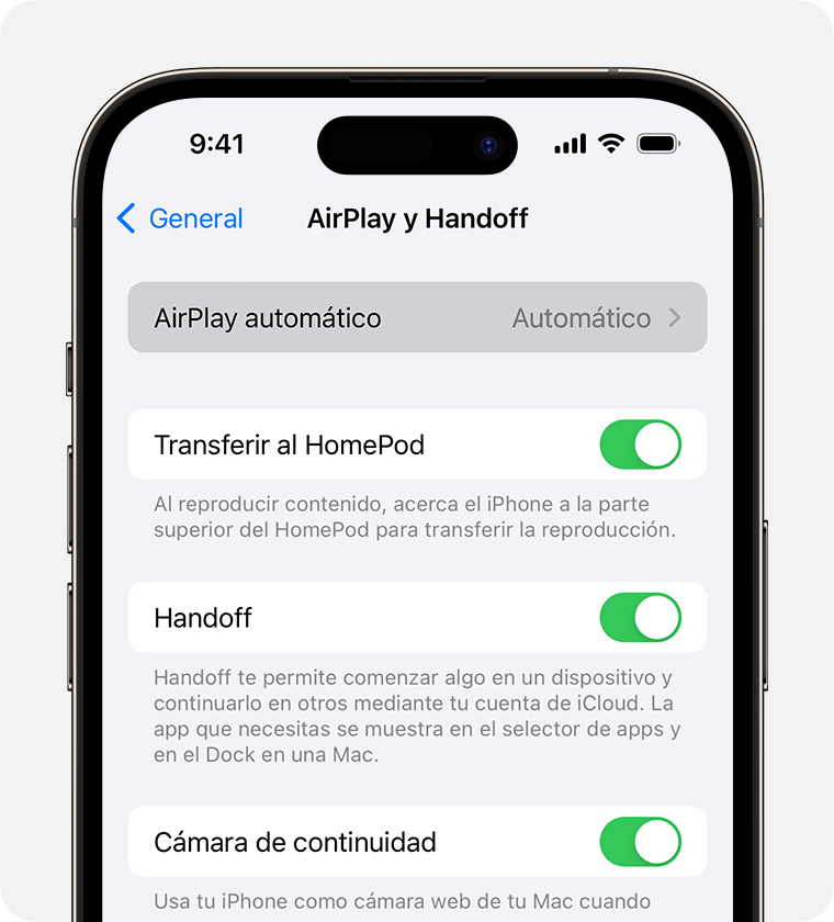 La opción Automático está seleccionada para AirPlay automático en la pantalla AirPlay y Handoff del iPhone