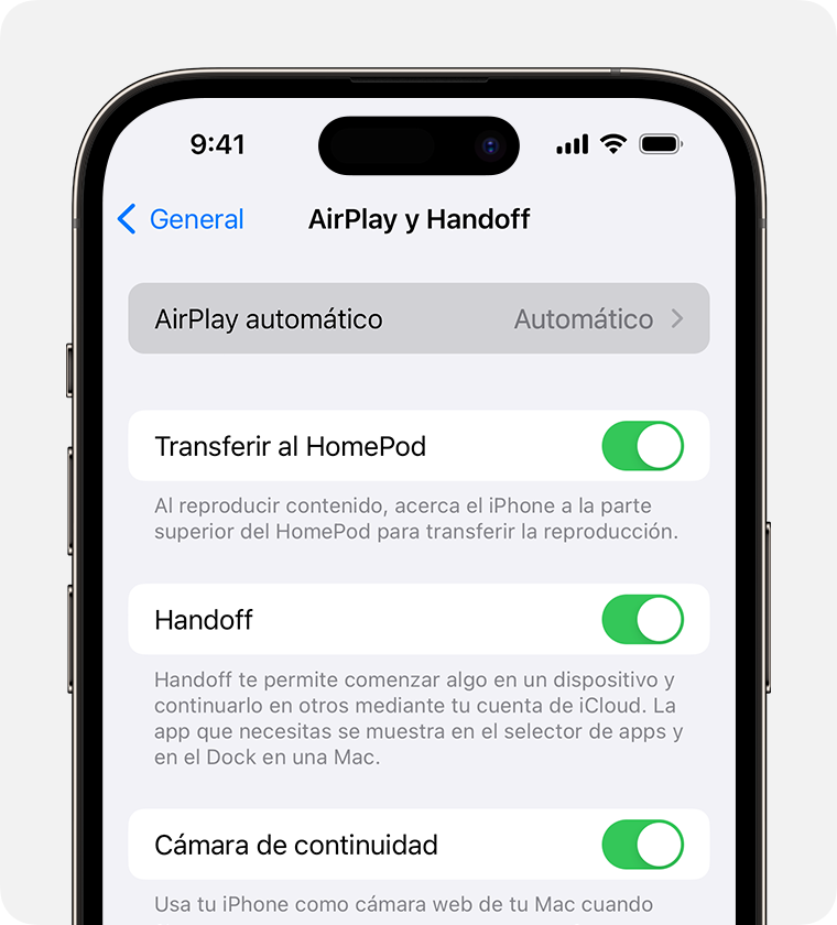 Automático está seleccionado para AirPlay automático en la pantalla AirPlay y Handoff