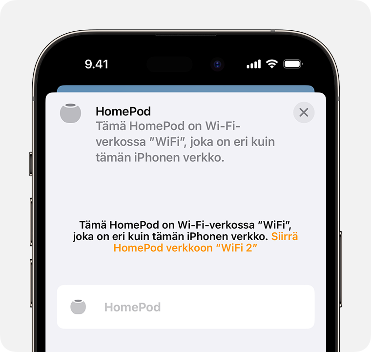 HomePod-asetusnäytön yläosassa näkyy valinta HomePodin siirtämisestä toiseen Wi-Fi-verkkoon