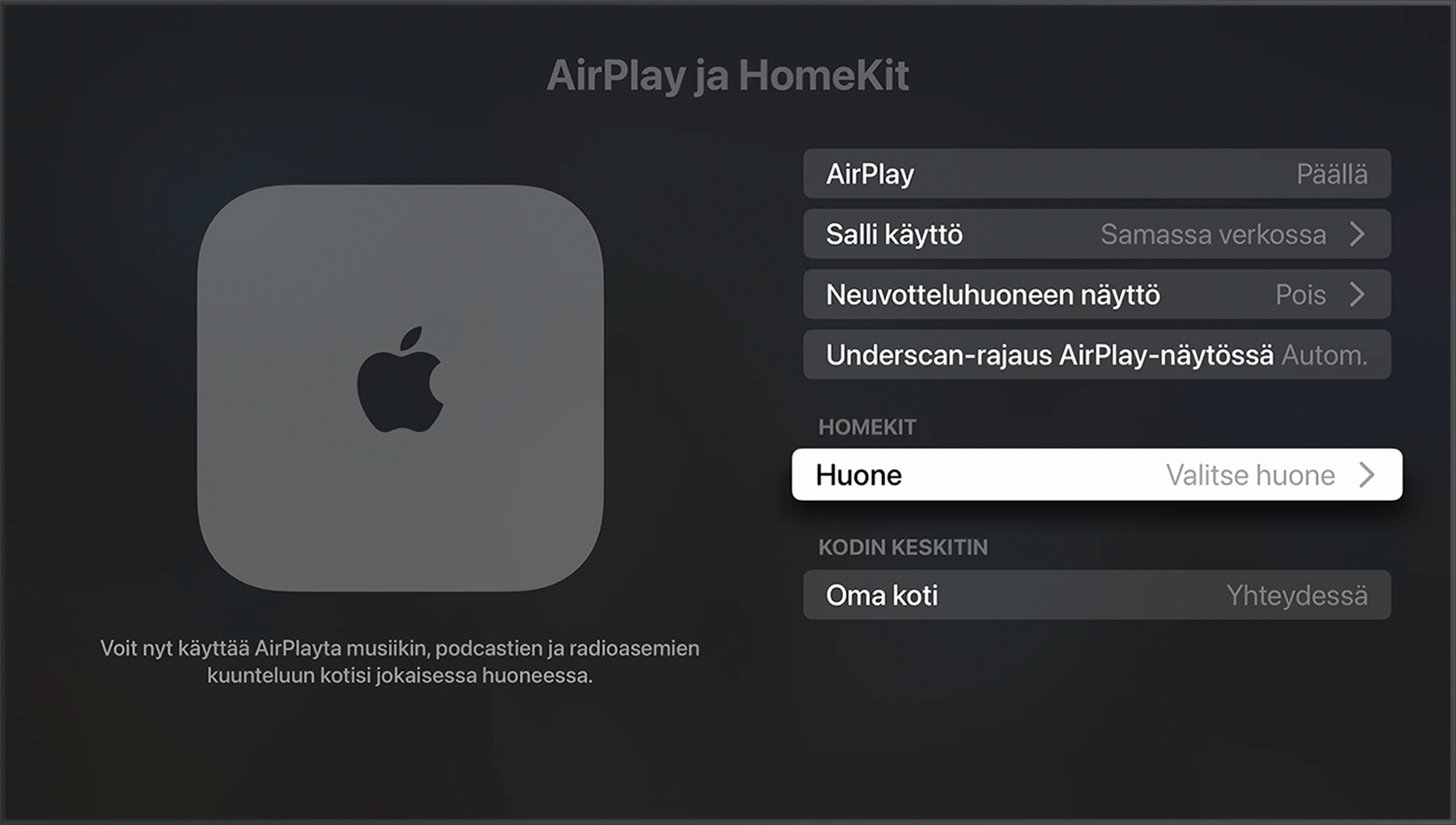 Huone näkyy Apple TV:n asetusten AirPlay ja HomeKit -näytön HomeKit-kohdassa
