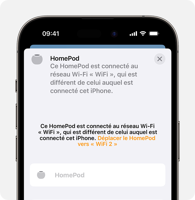 L’option Déplacer le HomePod vers un autre réseau Wi-Fi s’affiche en haut de l’écran des réglages du HomePod.