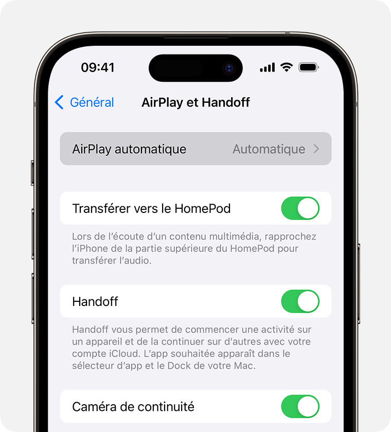 Option Automatique sélectionnée pour AirPlay automatique sur l’écran AirPlay et Handoff d’iPhone