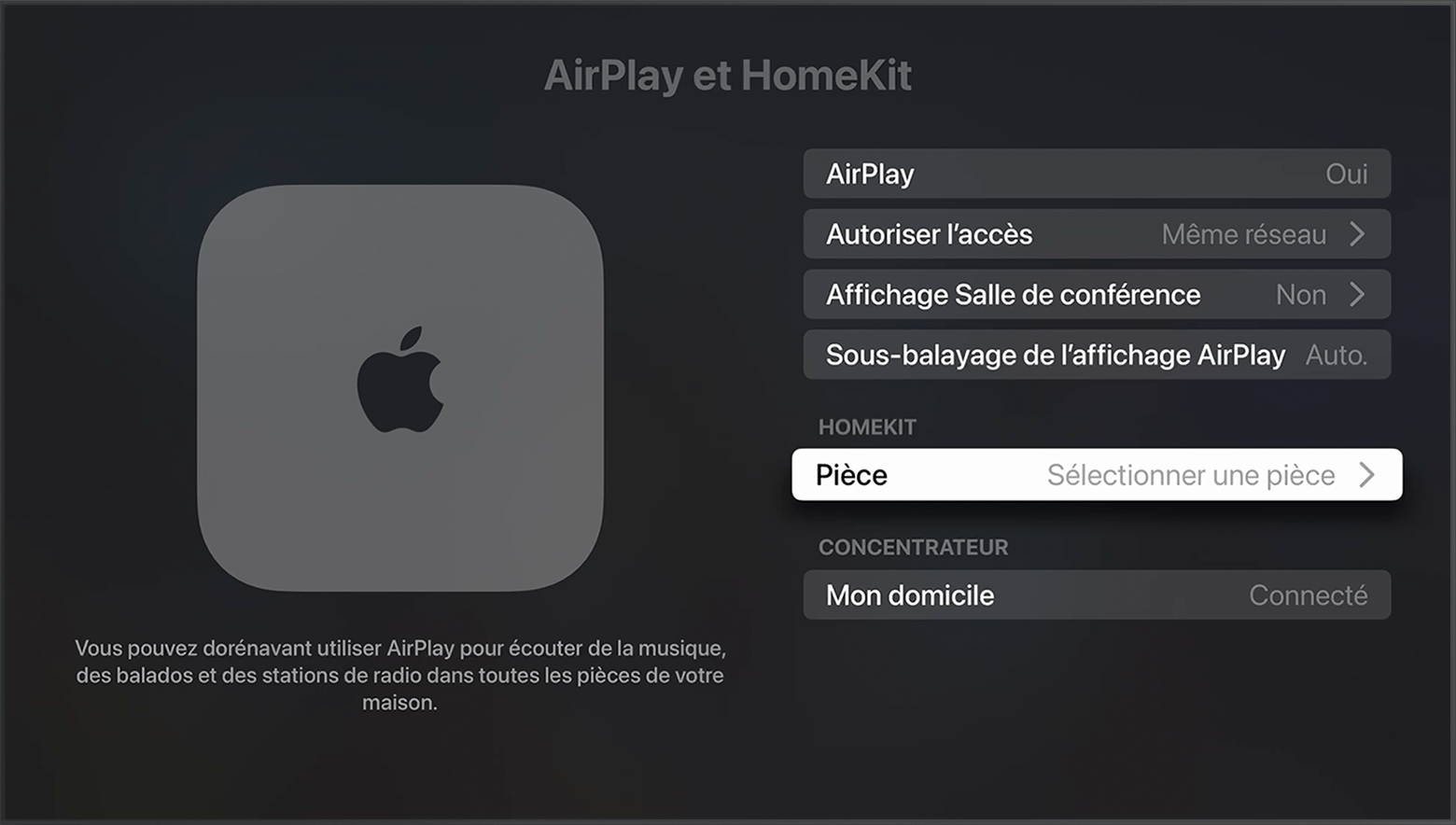 La pièce s’affiche sous HomeKit dans l’écran AirPlay et HomeKit dans les réglages d’Apple TV