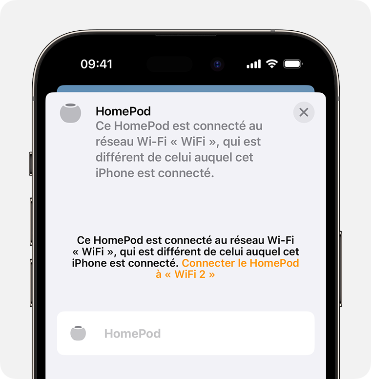 L'option de connexion du HomePod à un autre réseau Wi-Fi apparaît en haut de l'écran des paramètres du HomePod