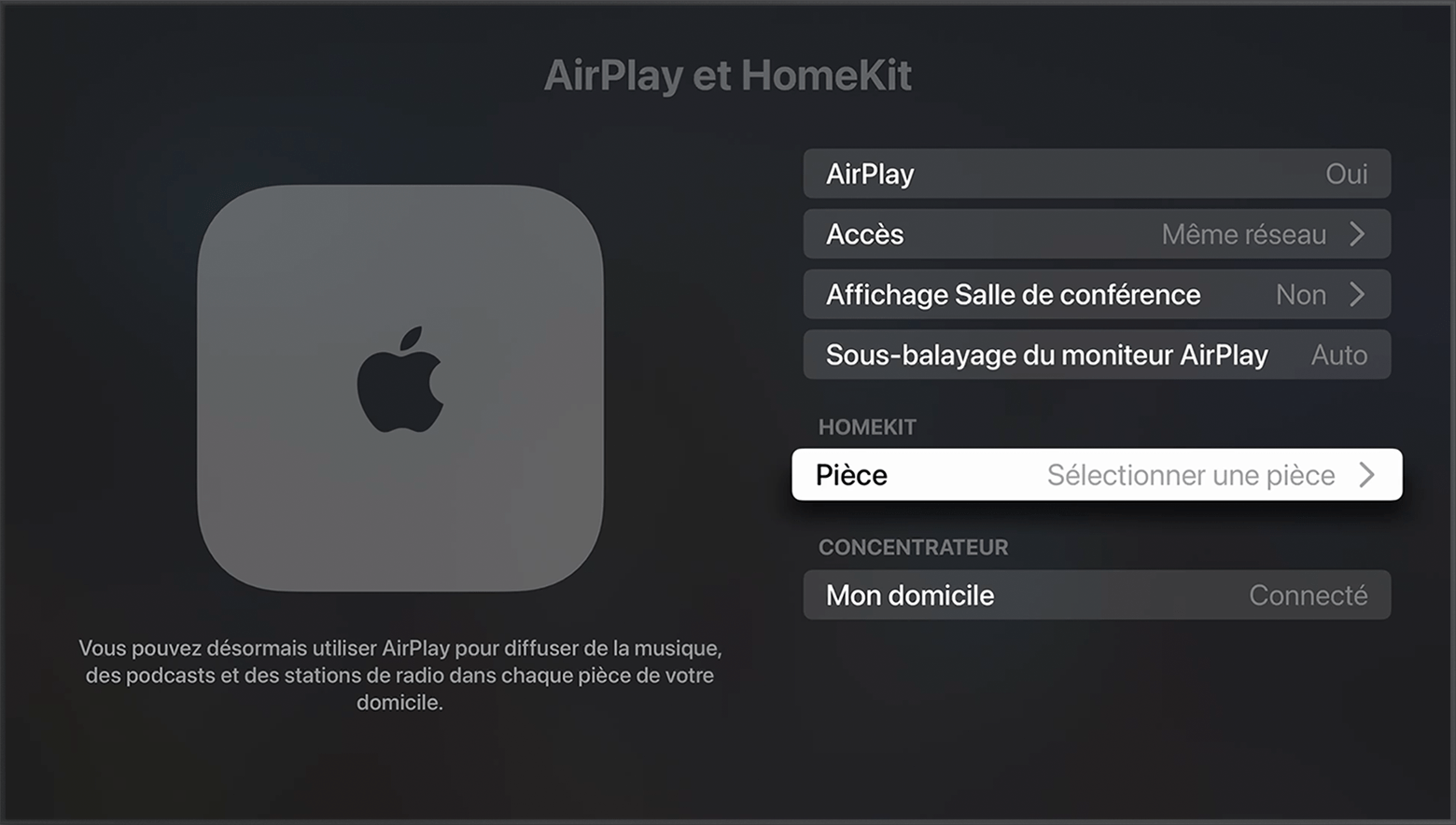 Affichage de l’option Pièce sous HomeKit sur l’écran AirPlay et HomeKit dans les réglages de l’Apple TV