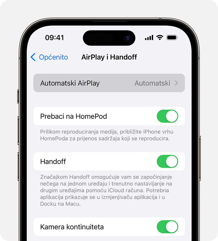 Opcija Automatski odabrana je za Automatski AirPlay na zaslonu AirPlay i Handoff iPhone uređaja