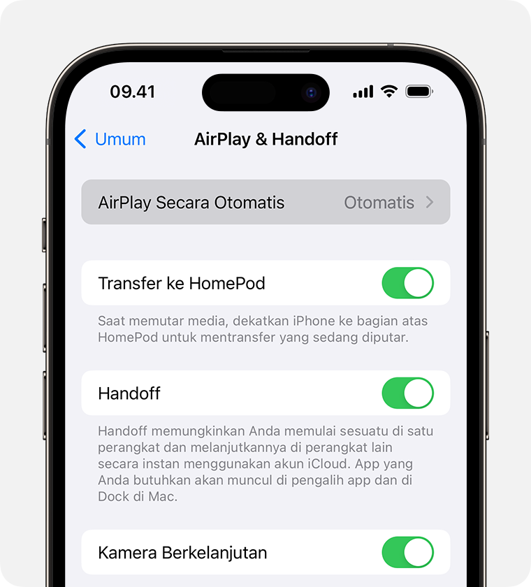 Pilihan Otomatis dipilih untuk AirPlay Secara Otomatis di layar AirPlay & Handoff di iPhone