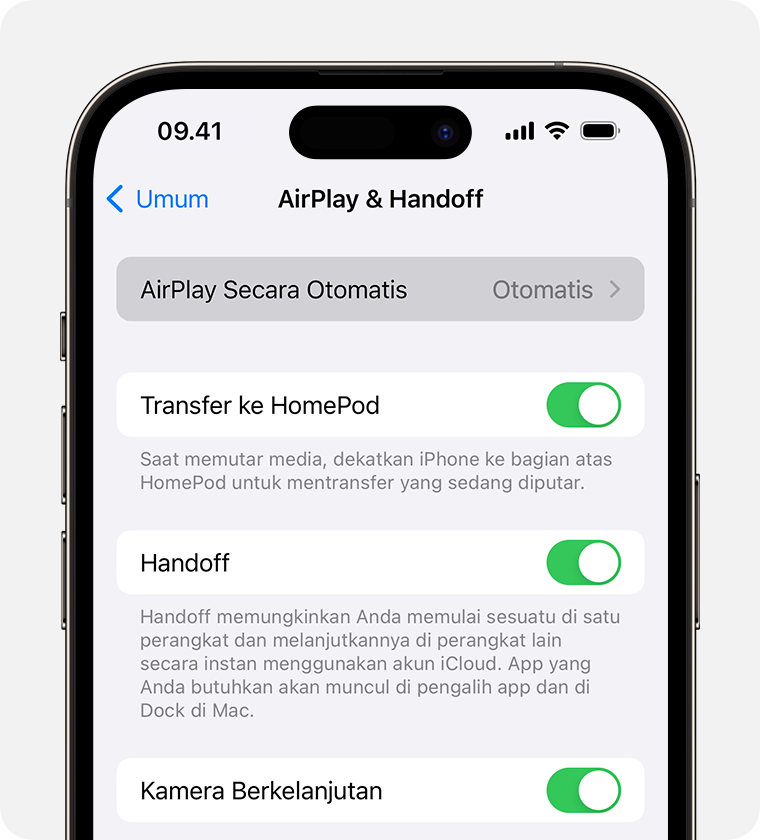 Otomatis dipilih untuk AirPlay Otomatis di layar AirPlay & Handoff