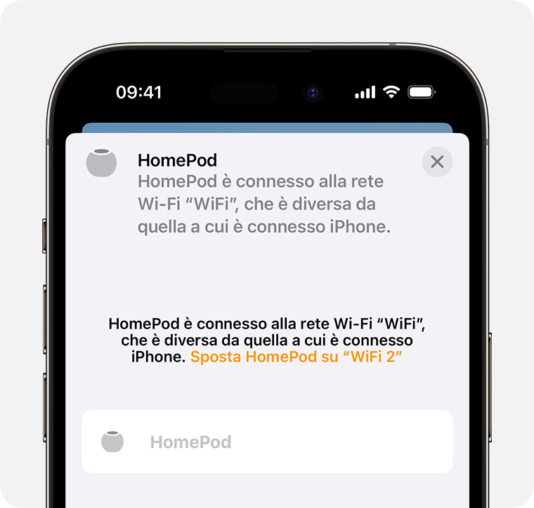 L'opzione per spostare l'HomePod su una rete Wi-Fi diversa viene visualizzata nella parte superiore della schermata delle impostazioni di HomePod