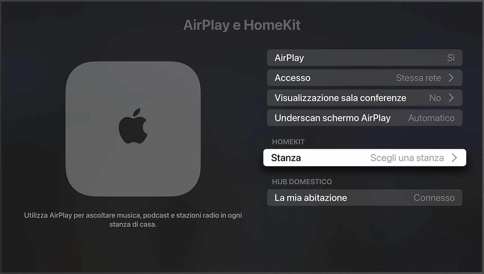 L'opzione Stanza si trova sotto HomeKit nella schermata AirPlay e HomeKit nelle impostazioni di Apple TV