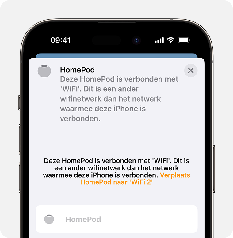 De optie om HomePod naar een ander wifinetwerk te verplaatsen, verschijnt bovenaan het scherm met HomePod-instellingen