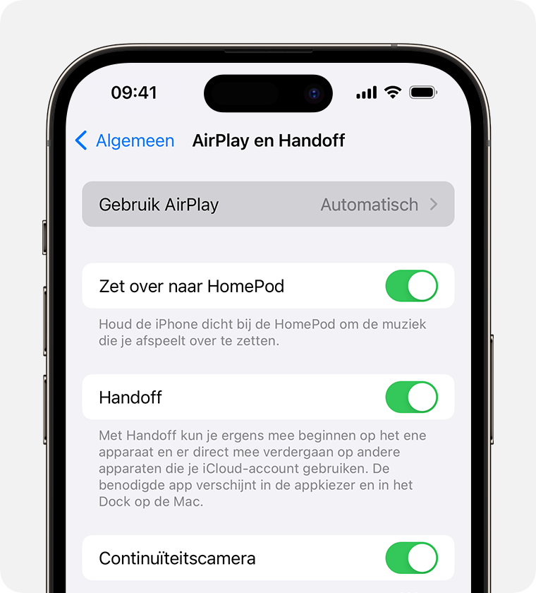 'Automatisch' is geselecteerd voor 'Gebruik AirPlay' op het scherm 'AirPlay en Handoff' op de iPhone