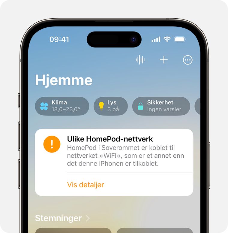 Varselet om manglende HomePod-nettverksamsvar vises øverst på startskjermen i Home-appen