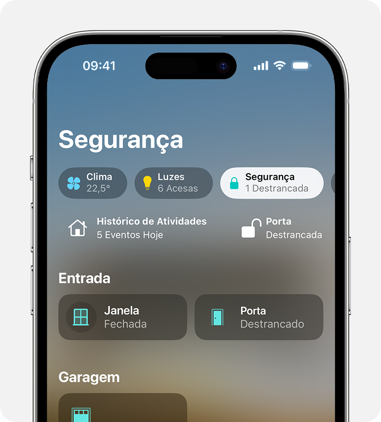 A categoria Segurança aparece na parte superior da tela inicial do app Casa