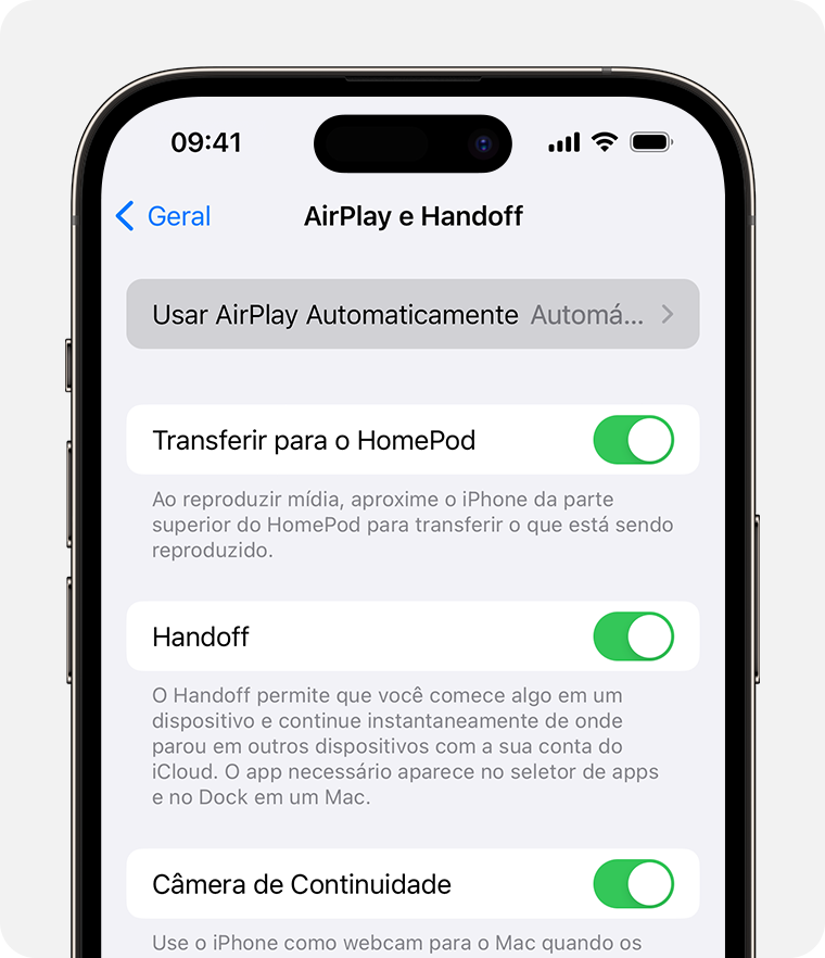 Automático está selecionado para "Usar AirPlay Automaticamente" na tela "AirPlay e Handoff"