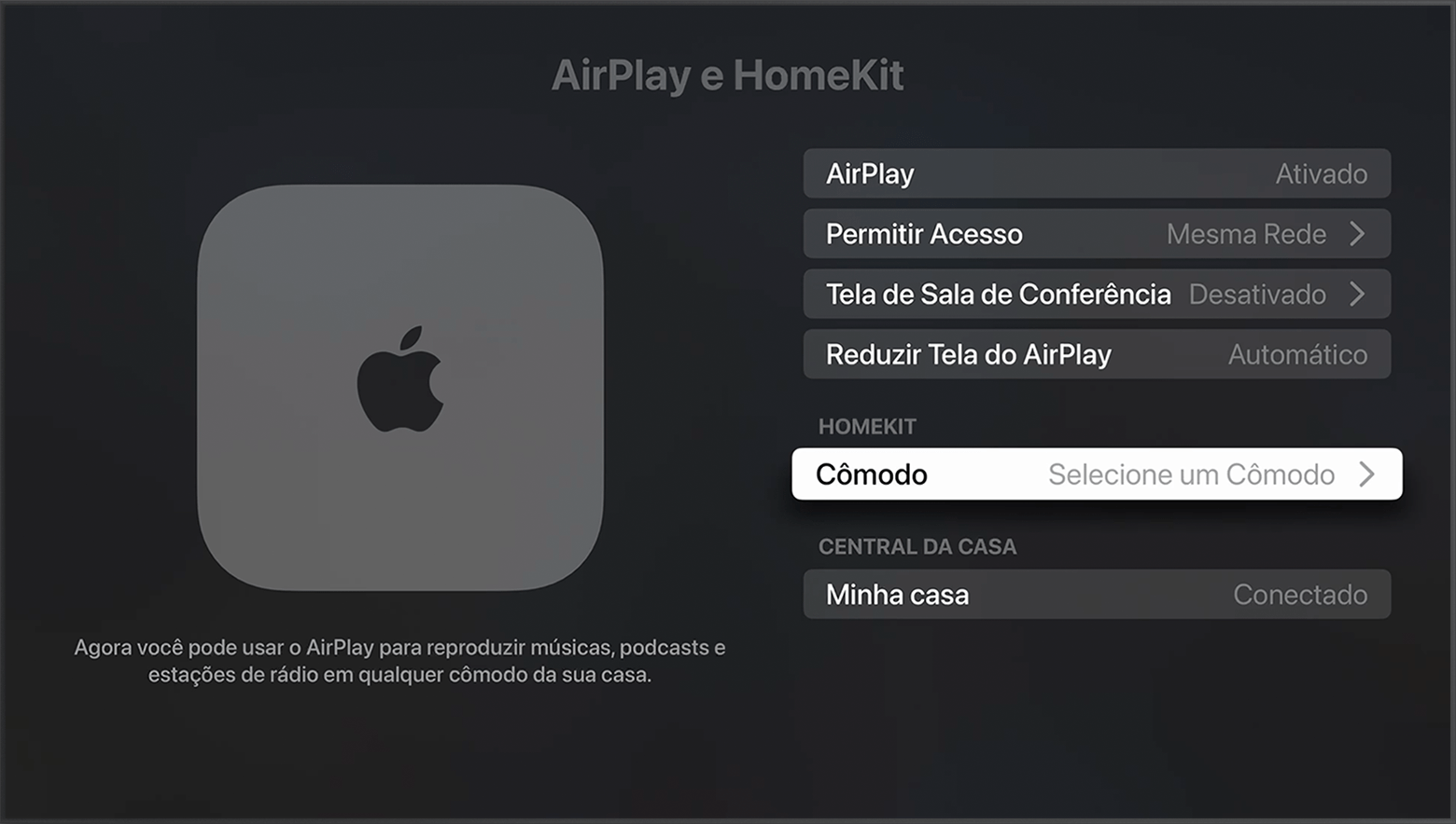 A sala aparece em HomeKit na tela AirPlay e HomeKit em ajustes da Apple TV