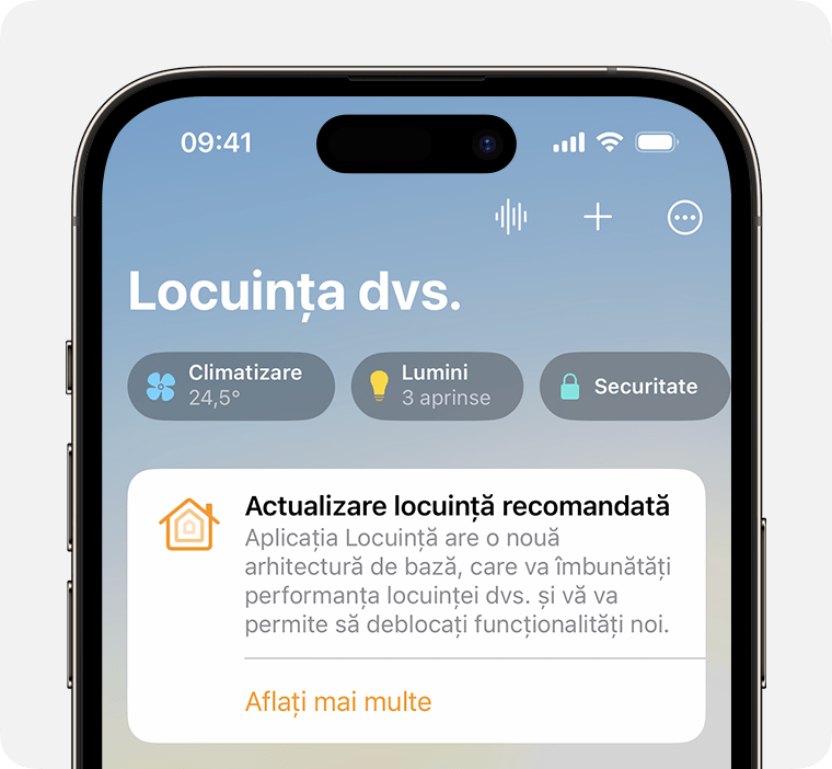 Notificarea pentru Actualizare locuință recomandată apare în fila Locuință din aplicația Locuință