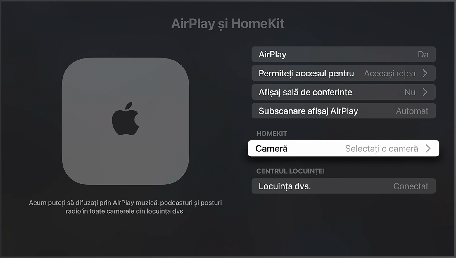 Camera apare sub HomeKit pe ecranul AirPlay și HomeKit în configurările Apple TV