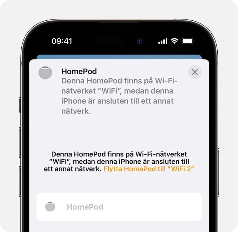 Alternativet att flytta HomePod till ett annat wifi-nätverk visas nästan högt upp på HomePod-inställningsskärmen