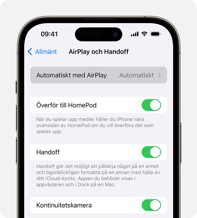 Automatisk är valt för Automatisk AirPlay på AirPlay och Handoff-skärmen