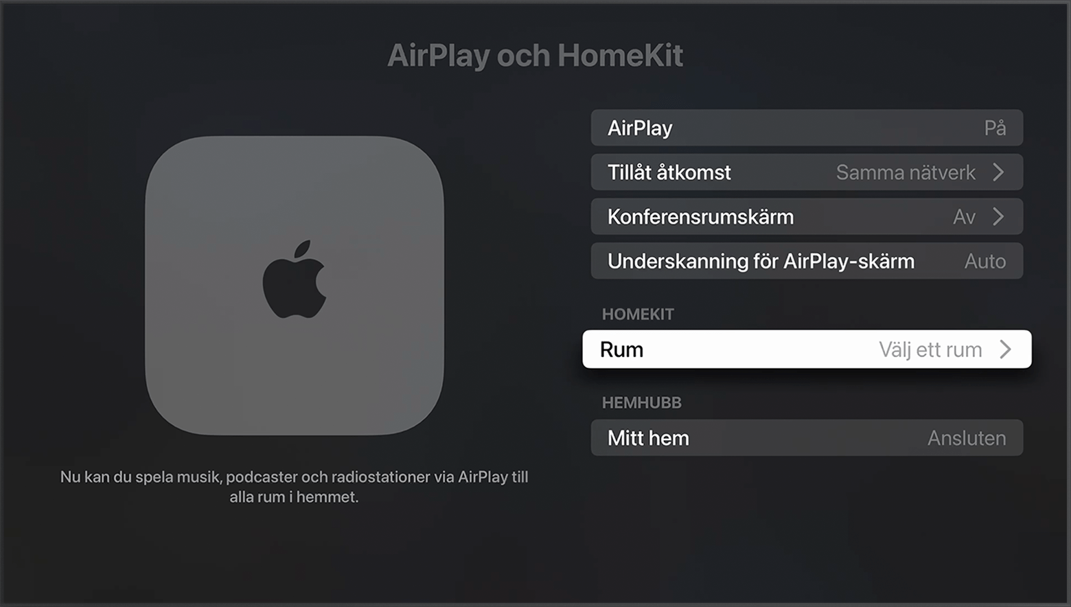 Rum visas under HomeKit på skärmen AirPlay och HomeKit i Apple TV-inställningarna
