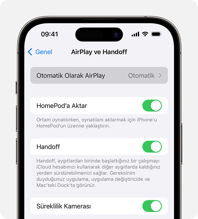 iPhone'daki AirPlay ve Handoff ekranında Otomatik Olarak AirPlay için Otomatik seçili