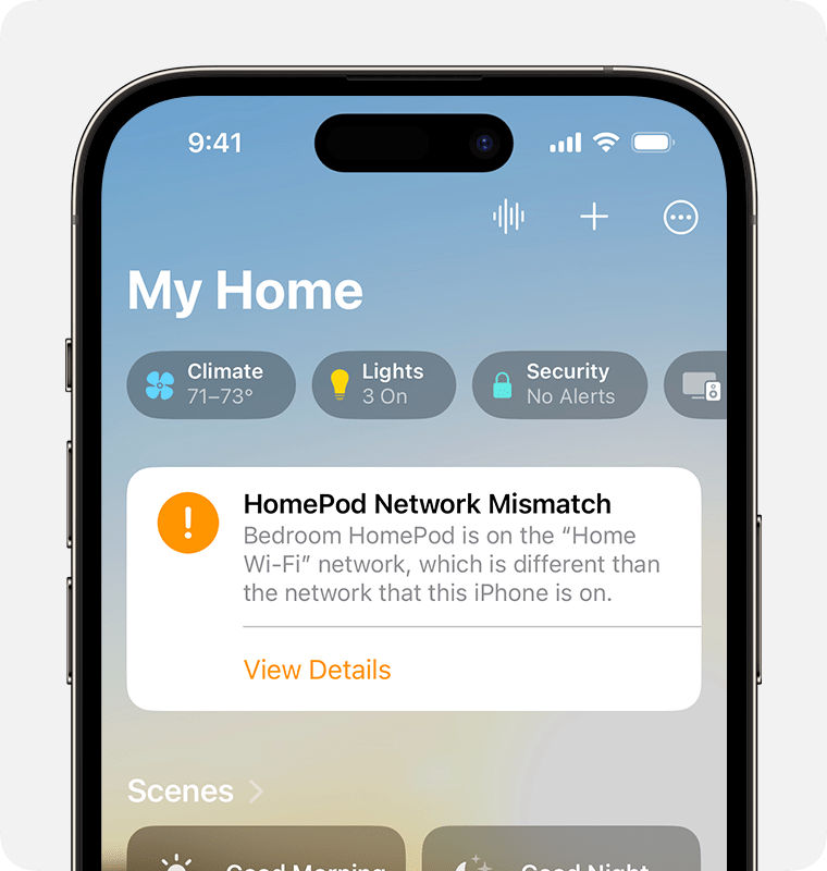 Cảnh báo HomePod Network Mismatch (Mạng HomePod không khớp) xuất hiện ở trên đầu màn hình chính trong ứng dụng Nhà