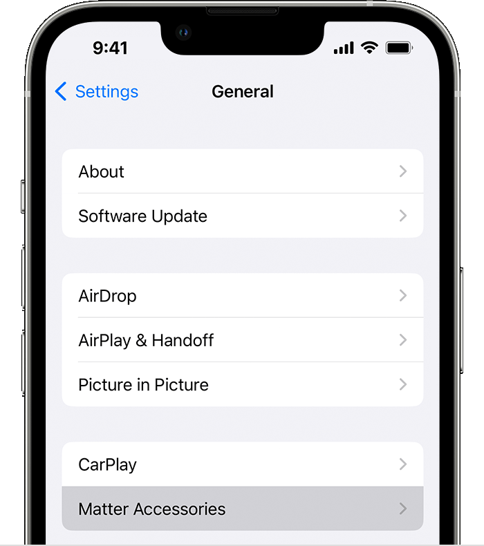 Matter Accessories under Settings > General on iPhone