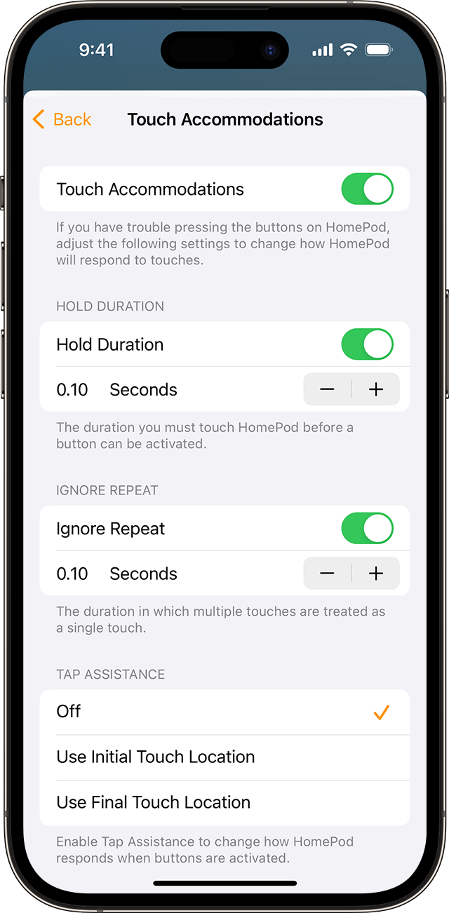 Touch Accommodations settings on iPhone
