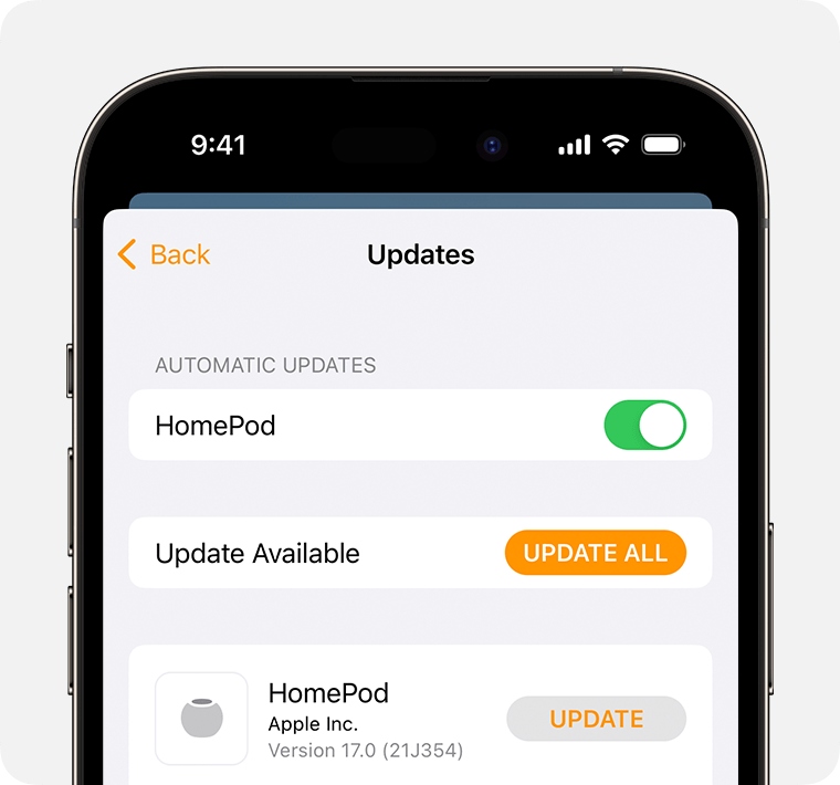 Update Available appears below Automatic Updates on the Updates screen in the Home app