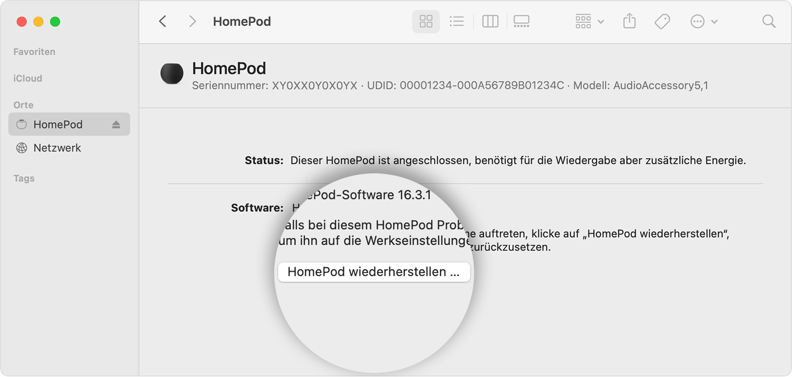 Option "HomePod wiederherstellen" auf dem Mac