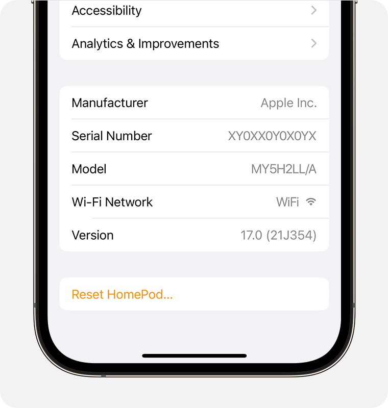 Wi-Fi Network information appears near the bottom of the HomePod setting screen