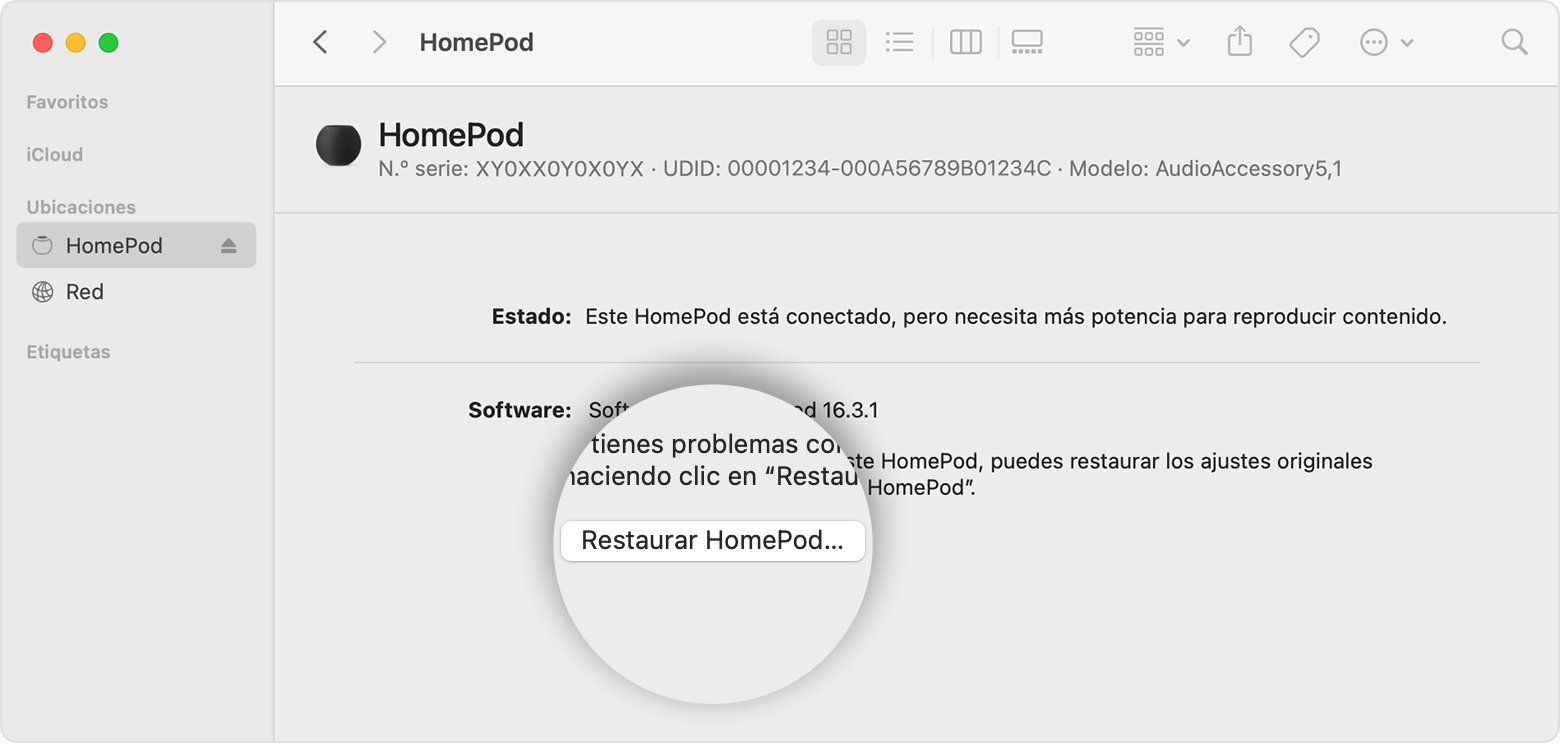 Opción Restaurar HomePod del Mac