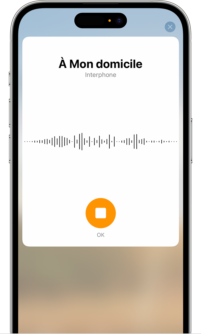 Une capture d’écran d’iOS illustre l’écran d’enregistrement d’un message d’interphone.