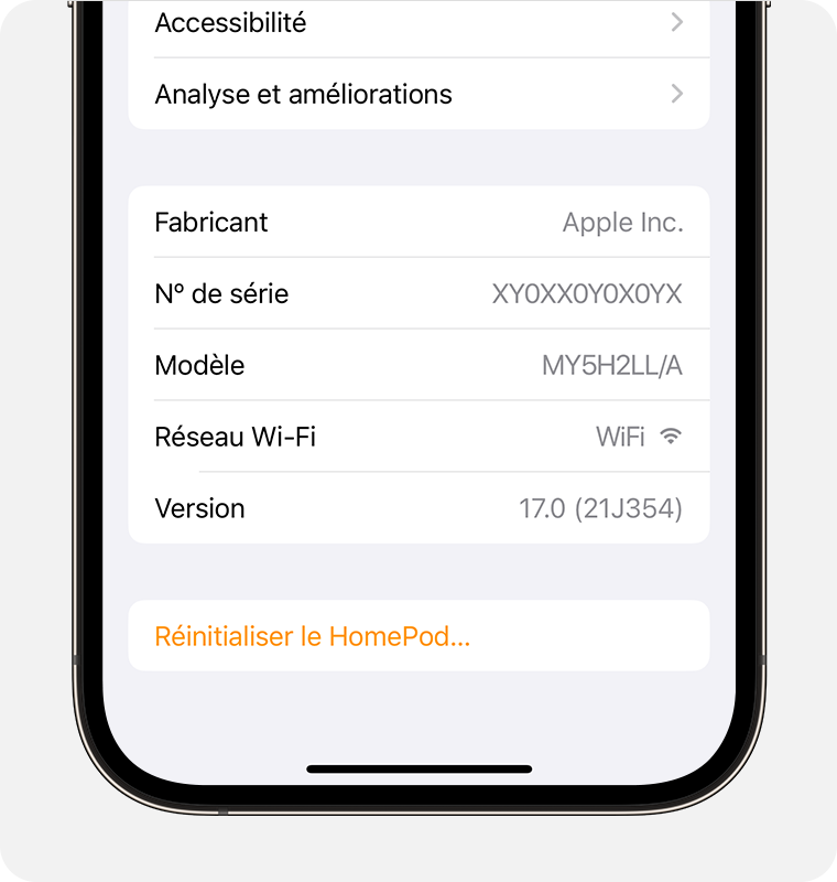 Les informations sur le réseau Wi-Fi s’affichent près de la partie inférieure de l’écran des réglages du HomePod