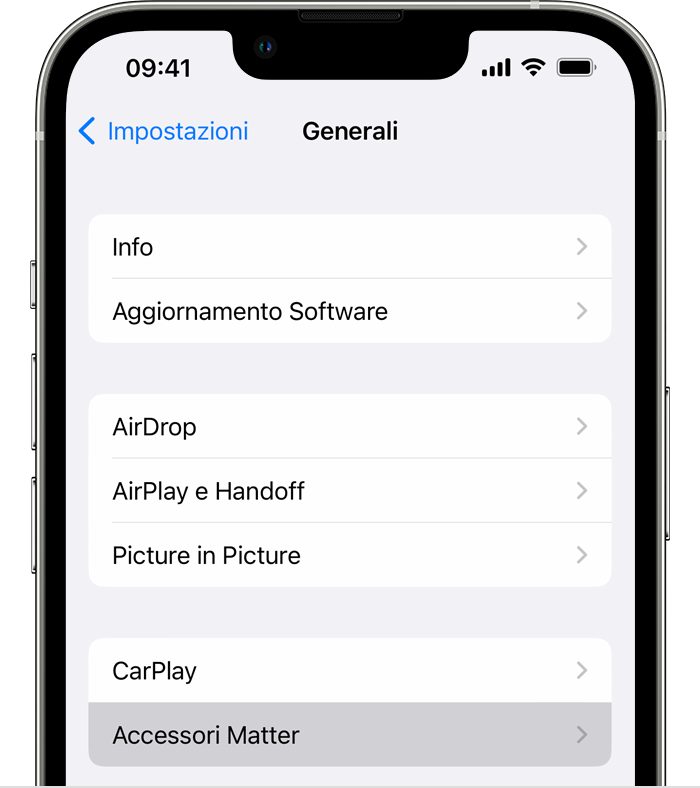 Accessori Matter in Impostazioni > Generali su iPhone
