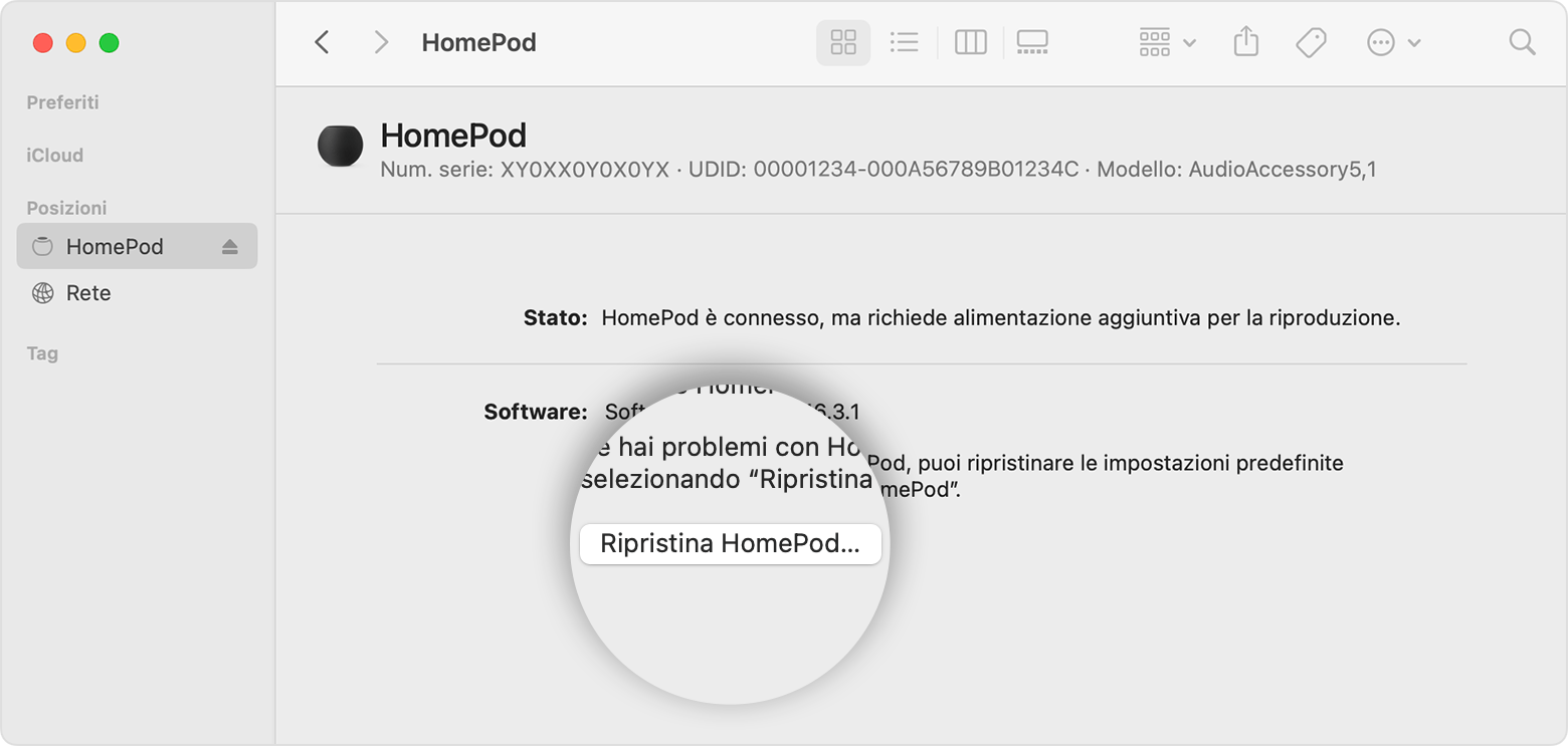 Opzione Ripristina HomePod su Mac
