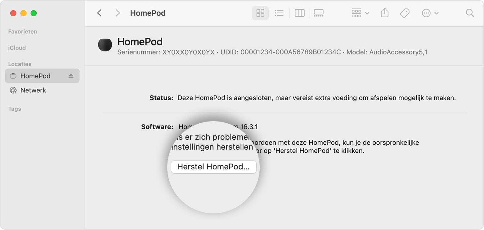 Optie 'Herstel HomePod' op Mac