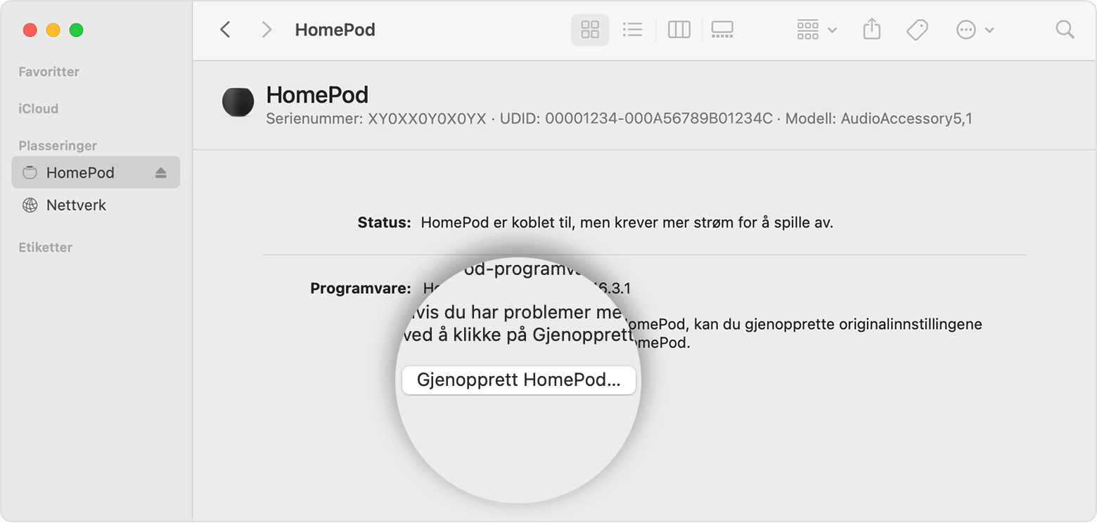 Gjenopprett HomePod-alternativet på Mac