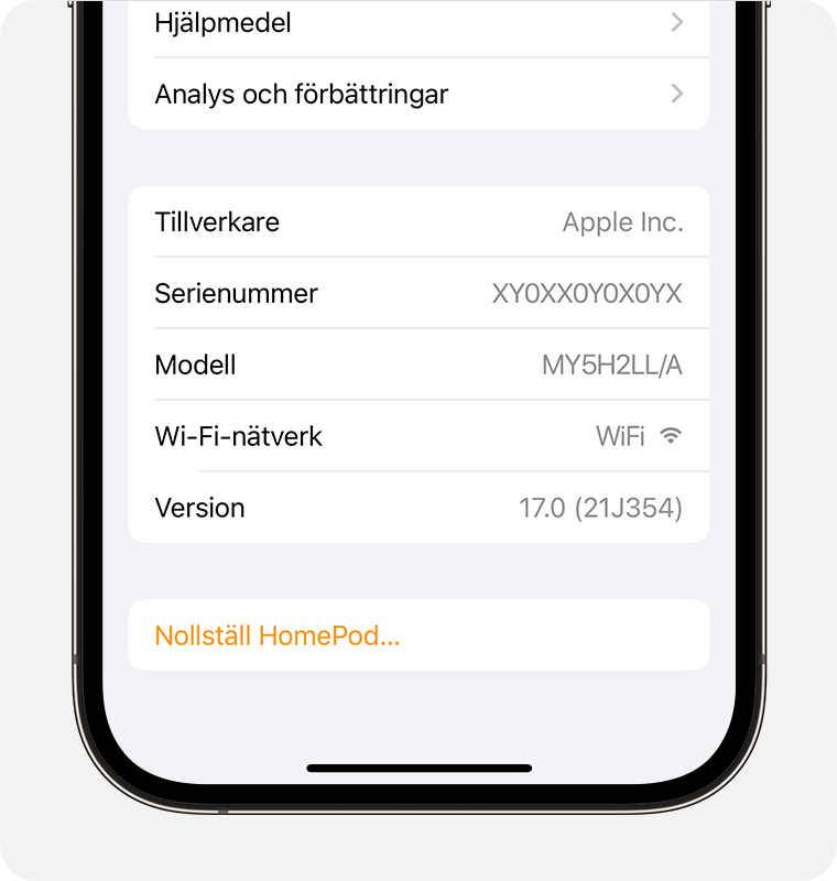 Serienummer i HomePod-inställningarna i appen Hem i iOS 17 på iPhone 14 Pro.