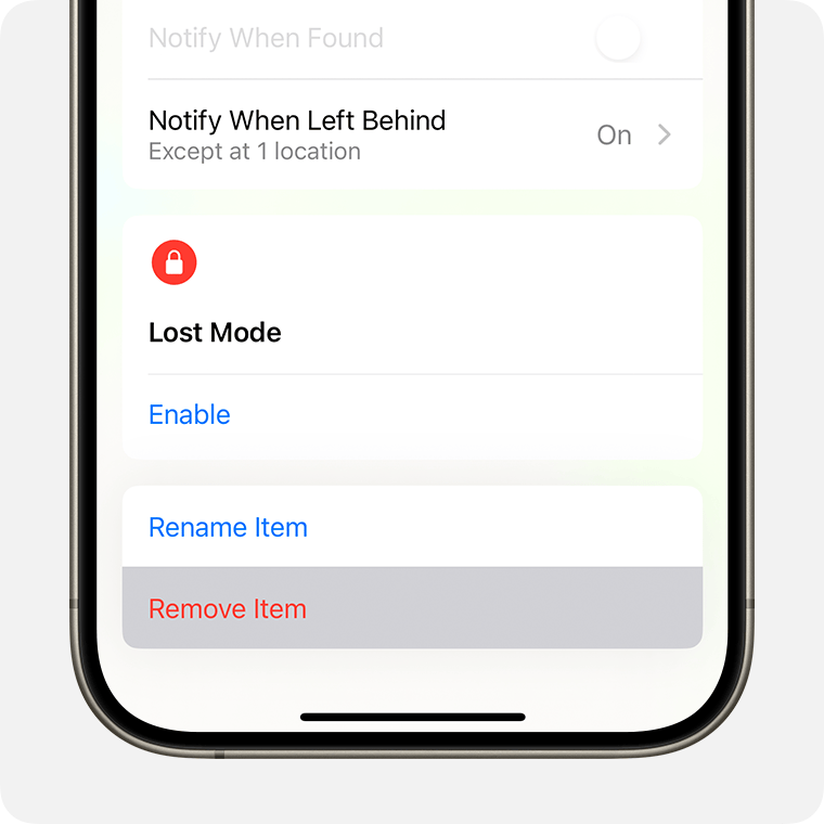 Tap Remove Item to remove an item from Find My and remove Find My Lock.