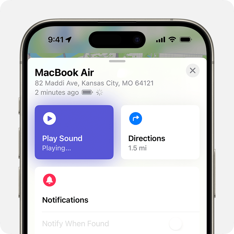 After you select your Mac, you can choose to Play Sound, get directions to its location, or turn on Notify When Found. 