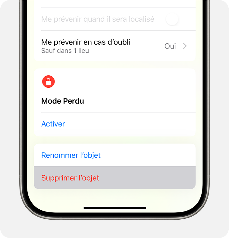 Touchez Supprimer l’objet pour supprimer un objet de la fonctionnalité Localiser et supprimer l’option Verrouillage.
