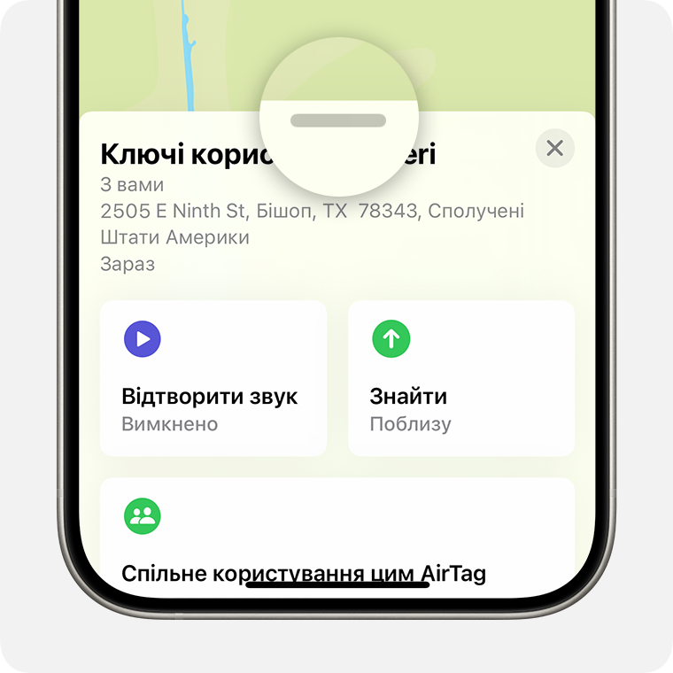 Торкніть річ або пристрій у програмі «Локатор» і проведіть пальцем угору, щоб відкрити додаткові параметри.