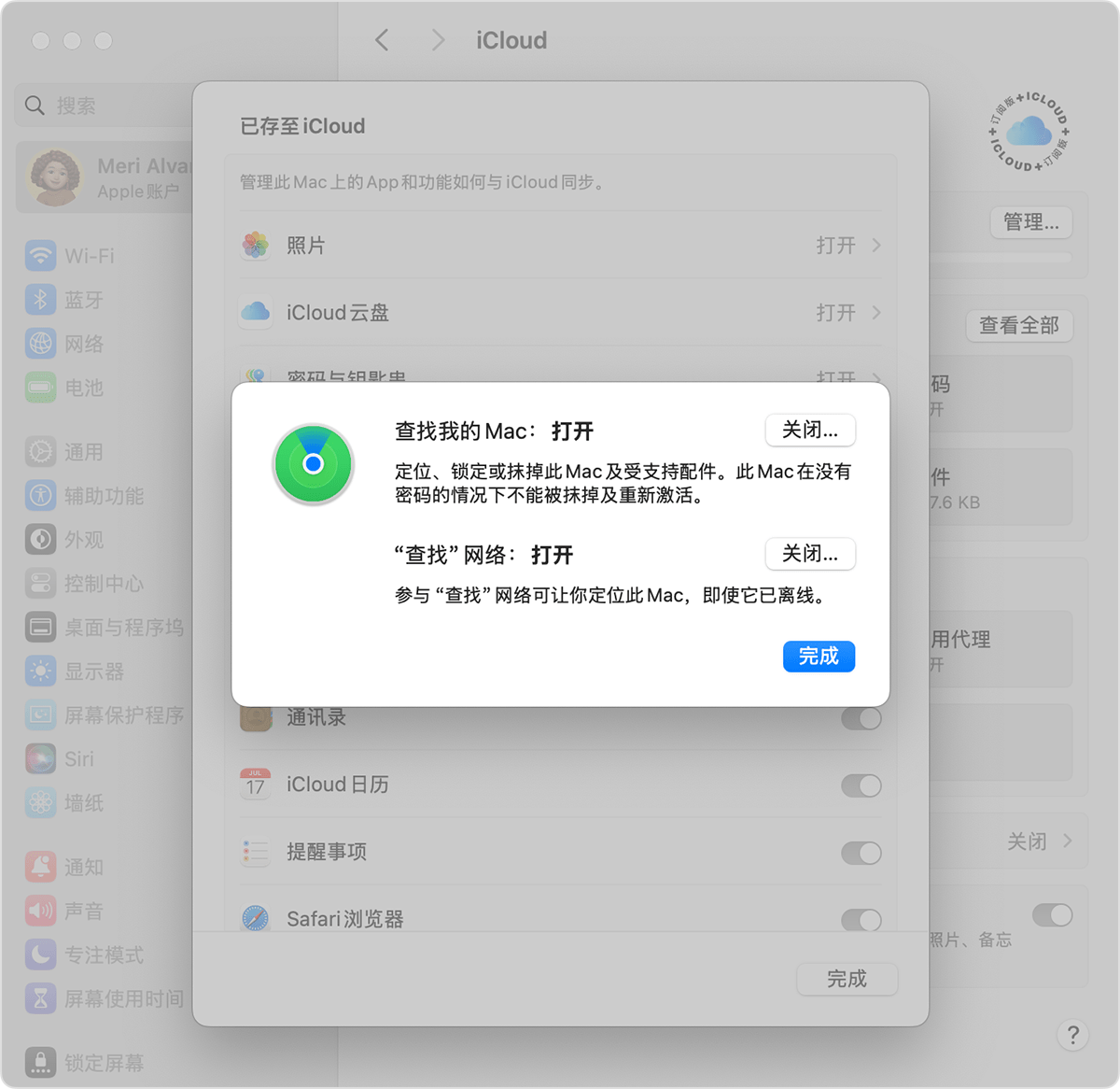 macOS 屏幕上显示了用于启用“查找”的设置